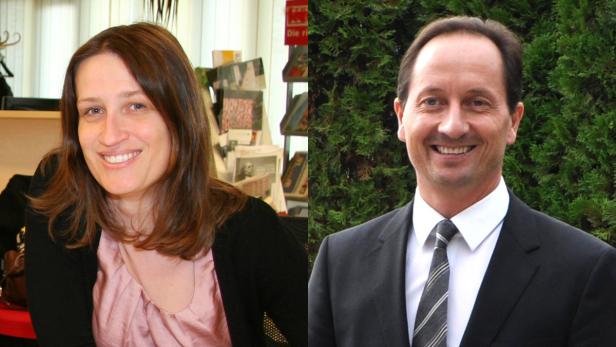 Porträts einer lächelnden Frau und eines lächelnden Mannes vor einem grünen Hintergrund.