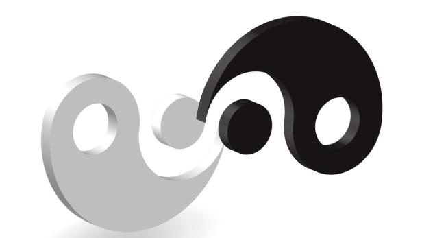 Eine 3D-Darstellung des Yin-und-Yang-Symbols in Schwarz und Weiß.