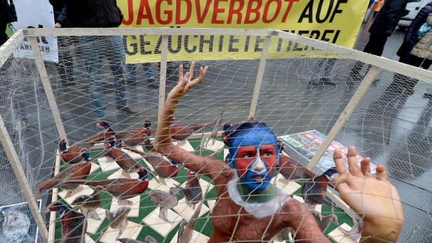 Ein Aktivist mit Gesichtsbemalung in einem Käfig mit toten Vögeln protestiert gegen die Jagd.