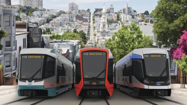 Drei von Siemens vorgeschlagene Zugvarianten. San Francisco wird unter Einbeziehung der Öffentlichkeit daraus ein Design auswählen.