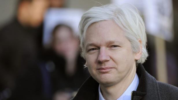 Ein Porträt von Julian Assange mit weißem Haar.