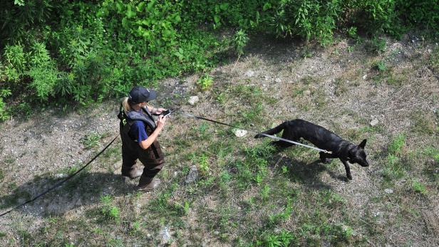 Eine Frau führt einen schwarzen Hund an der Leine durch ein grasbewachsenes Gebiet.