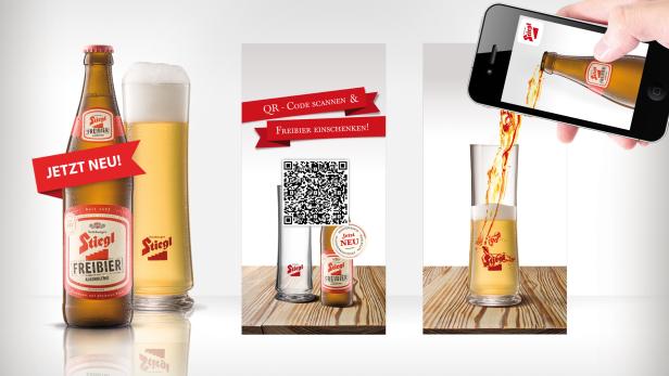 Eine Werbeanzeige für Stiegl Freibier mit QR-Code und Smartphone-Integration.