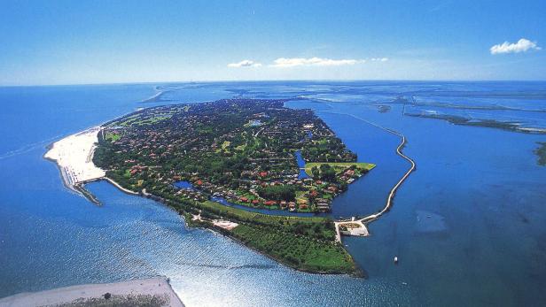 Luftaufnahme einer grünen Insel mit Häusern, umgeben von blauem Wasser.