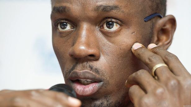 Nahaufnahme von Usain Bolt während einer Pressekonferenz.