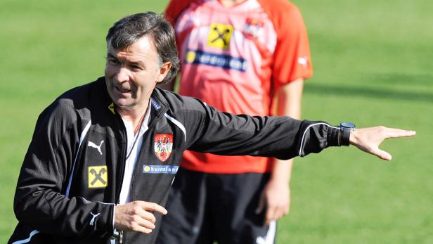 Ein Mann in Trainingskleidung gestikuliert auf einem grünen Feld.