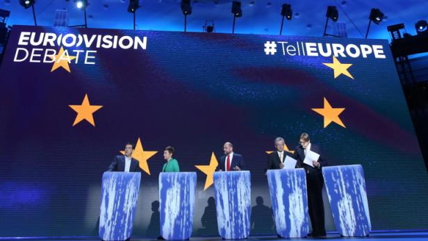 Die Spitzenkandidaten: (v.li) Alexis Tsipras, Ska Keller, Martin Schulz, Jean-Claude Juncker, Guy Verhofstadt.