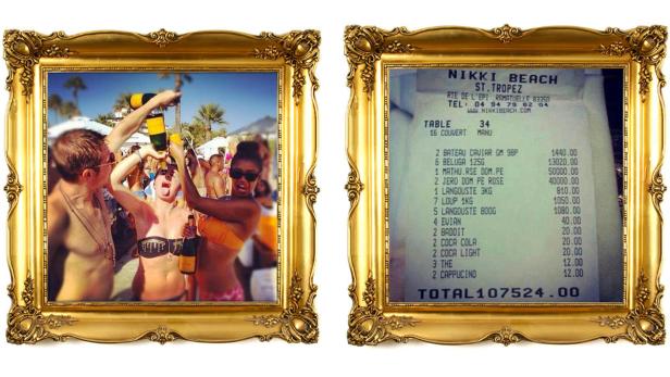 Zwei gerahmte Bilder: links eine Champagnerdusche am Nikki Beach, rechts eine Rechnung über 107.524 Euro.