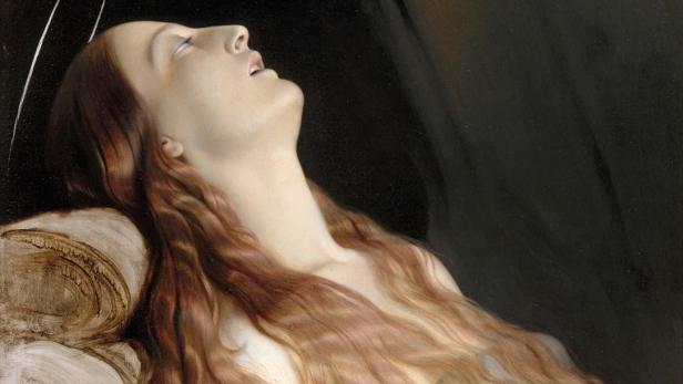 Das Gemälde zeigt eine Frau mit Heiligenschein, die auf einem Kissen liegt.