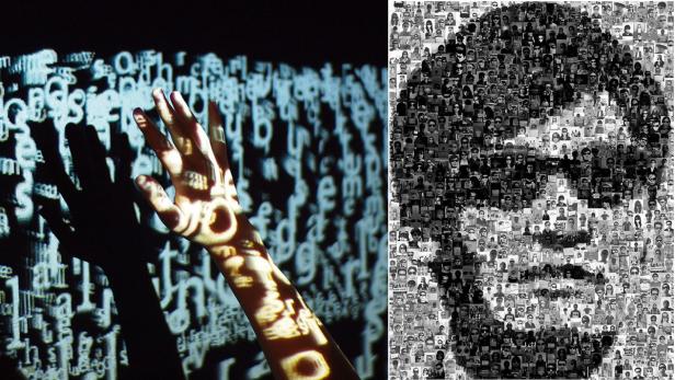 Eine Hand wird mit Buchstaben beleuchtet, daneben ein Porträt aus vielen kleinen Fotos.