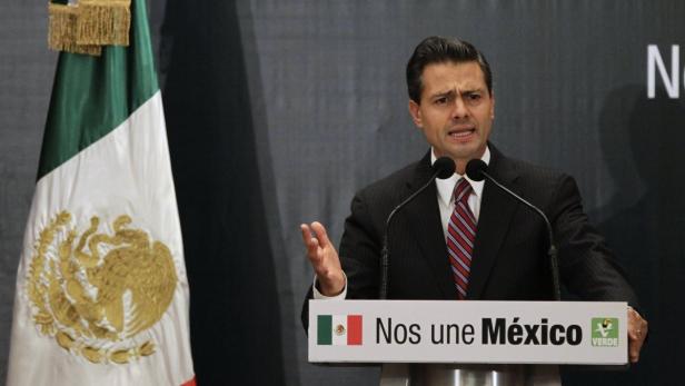 Enrique Peña Nieto spricht vor einer mexikanischen Flagge auf einer Pressekonferenz.
