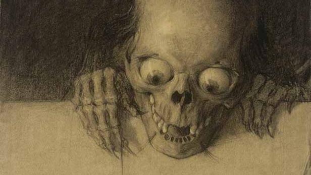 Eine Zeichnung eines Schädels mit großen Augen und knochigen Händen.