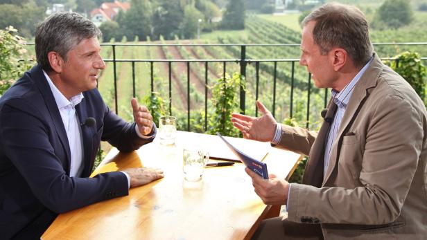 Zwei Männer sitzen an einem Tisch im Freien und diskutieren vor einer Weinbergslandschaft.