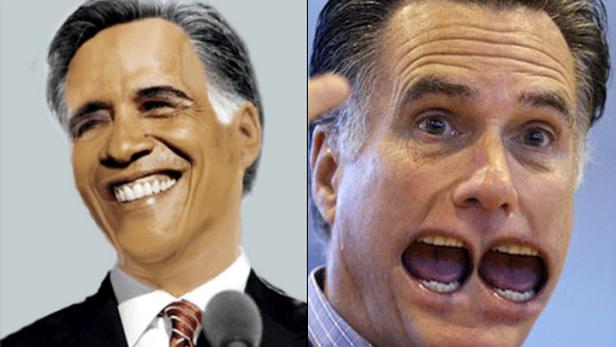 Eine Collage zeigt ein lächelndes Porträt von Barack Obama und ein verzerrtes Gesicht von Mitt Romney.