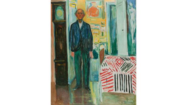 Ein Gemälde von Edvard Munch zeigt einen Mann in einem Interieur mit Uhr und Bett.