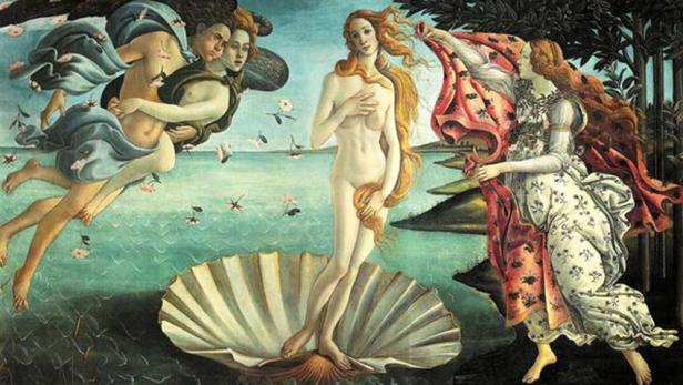 Sandro Botticellis Gemälde „Die Geburt der Venus“ zeigt die Göttin, die auf einer Muschel steht.