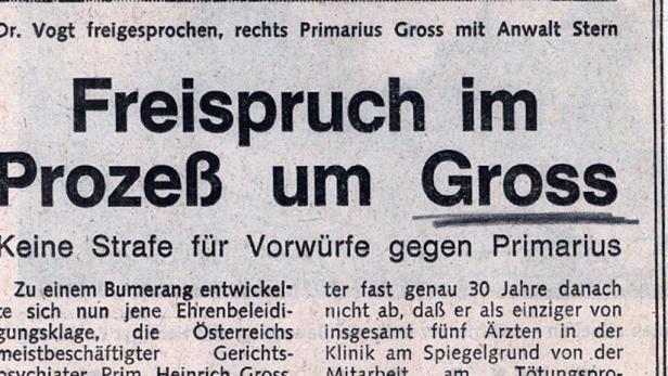 Ein Zeitungsausschnitt über den Freispruch im Prozess um Primarius Gross.