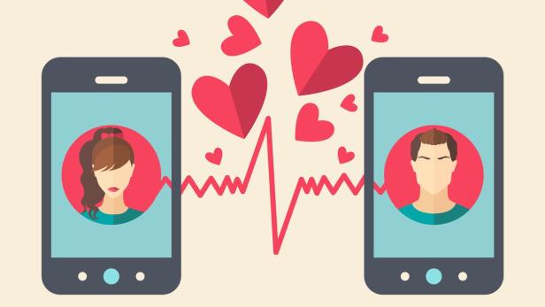 Zwei Smartphones mit Profilbildern sind durch eine Herzlinie verbunden.