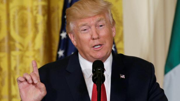 Donald Trump spricht vor amerikanischen und irischen Flaggen.