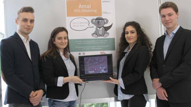 Jakub Blakala, Sandra Matković, Schnia Abdullahpour und Manuel Frei von der HTL Ottakring erfanden eine spielerische Deutsch-Lern-App: AMAL