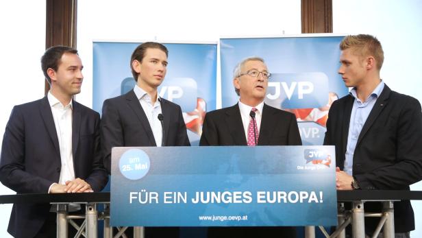 Vor der EU-Wahl 2014: Patrik Fazekas (ganz rechts) an der Seite von Sebastian Kurz und EU-Kommissionspräsident Juncker