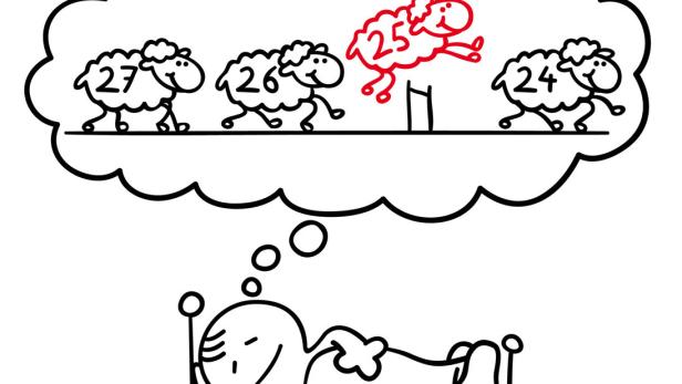 Ein Mann liegt im Bett und zählt Schafe, um einzuschlafen. Ein Schaf ist rot.