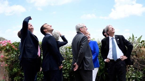 Präsident Donald Trump, Emmanuel Macron, Theresa May, Jean-Claude Juncker, Angela Merkel, Paolo Gentiloni.