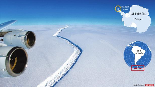 Der Riss im Schelfeis ist etwa 175 Kilometer lang, der Spalt ist ungefähr 91 Meter breit und 530 Meter tief. Der Eisberg wird an seiner breitesten Stelle 50 Kilometer messen