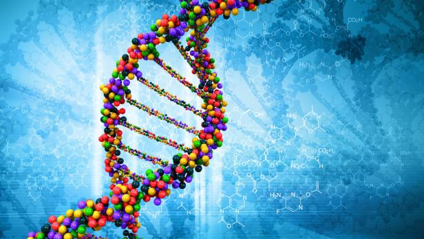 Eine farbenfrohe Darstellung einer DNA-Doppelhelix vor einem blauen Hintergrund mit chemischen Formeln.