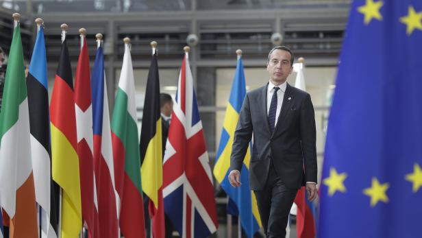 Ein Mann in einem Anzug geht vor einer Reihe von Flaggen entlang.