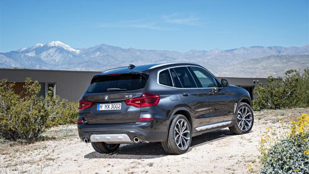 Ein grauer BMW X3 vor einer Bergkulisse an einem sonnigen Tag.