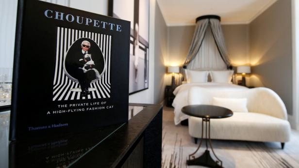 Das Buch „Choupette: The Private Life of a High-Flying Fashion Cat“ mit Karl Lagerfeld und seiner Katze auf dem Cover.