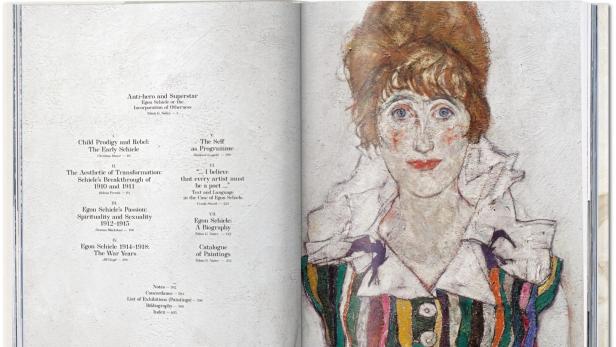 Eines von 221 Gemälden im Prachtband: Bildnis Edith Schiele in gestreiftem Kleid (Ausschnitt), 1915.
