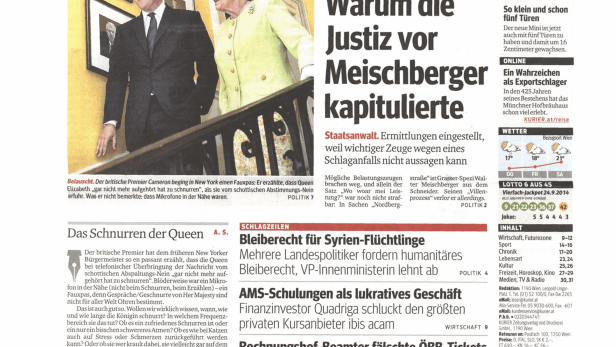 Titelseite der österreichischen Tageszeitung „Kurier“ vom 25. September 2014.