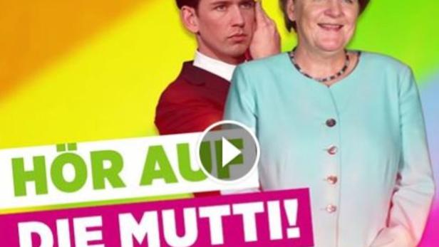 Angela Merkel mit einer Person im Hintergrund vor einem Regenbogen, mit dem Slogan „Hör auf die Mutti! Ja zur Ehe für alle.“.