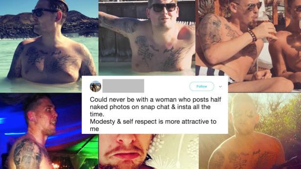 Collage von Fotos eines Mannes mit Tätowierungen an verschiedenen Orten.