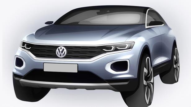 Ein blauer VW T-Roc, dargestellt in einer digitalen Illustration.