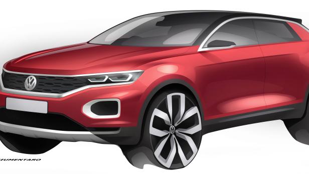Ein roter VW T-Roc mit schwarzem Dach vor einem weißen Hintergrund.