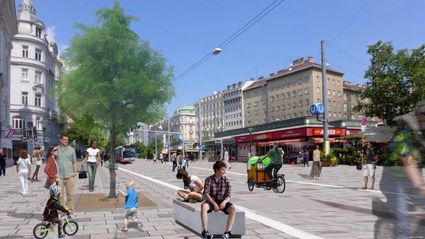 Grüne Pläne: Die Fahrbahn wird auf Gehsteighöhe angehoben, die gesamte Fläche gepflastert
