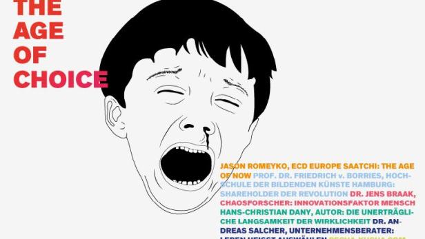 Eine stilisierte Zeichnung eines weinenden Kindes mit blutiger Nase vor dem Schriftzug „The Age of Choice“.