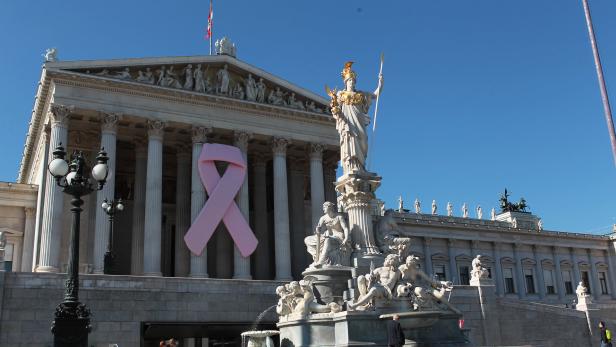 Eine große Rosa Schleife hängt am österreichischen Parlament