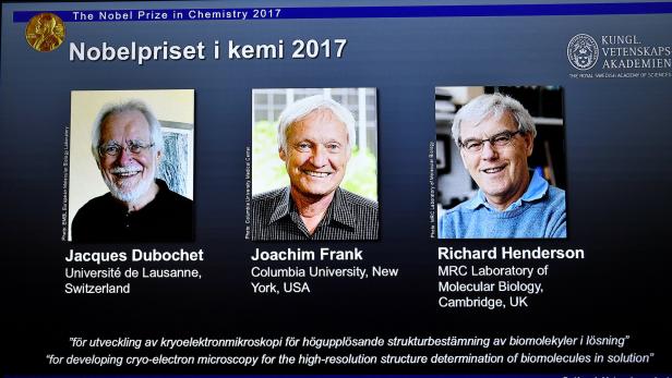 Die Preisträger: Jacques Dubochet, Joachim Frank und Richard Henderson.