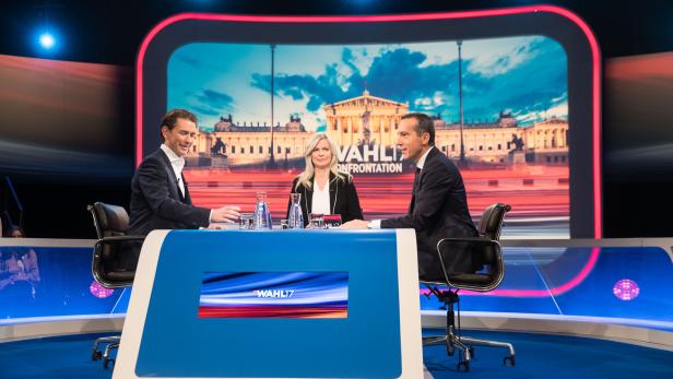 Moderatorin Claudia Reiterer mit Christian Kern und Sebastian Kurz