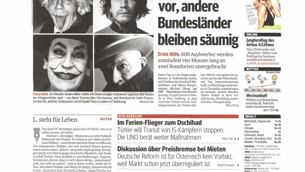 Titelseite der Zeitung „Kurier“ vom 26. September 2014 mit Fotos von Albert Einstein, Che Guevara und Jack Nicholson.