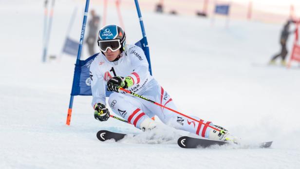 Ein Skirennläufer fährt einen Slalomkurs hinunter.