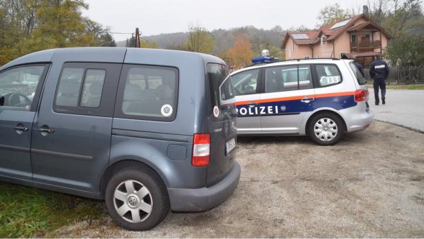 Ein grauer VW Caddy und ein silberner Streifenwagen der österreichischen Polizei stehen auf einem Parkplatz.