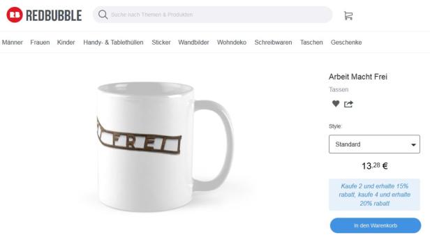 Fragwürdiges Design: Der Schriftzug des Torbogens im KZ Auschwitz gibt es am Häferl um 13,28 Euro
