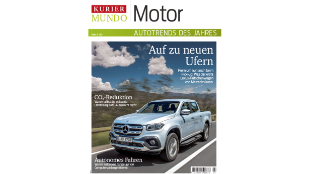 Titelseite des „Kurier Motor“-Magazins mit einem silbernen Mercedes-Benz Pickup-Truck.