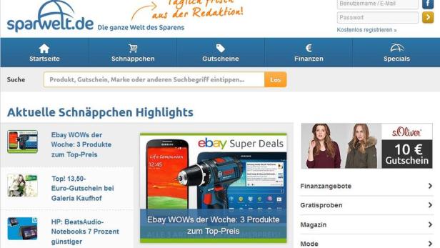 Die Webseite Sparwelt.de mit aktuellen Schnäppchen-Highlights wie Ebay Super Deals und Gutscheinen.