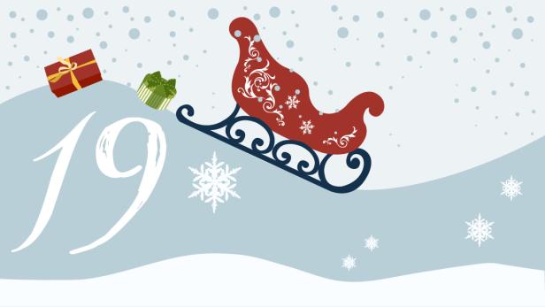 Ein roter Schlitten mit Geschenken und der Zahl 19 im Schnee.